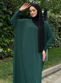 Yarasa Kollu Tesettür Elbise - Yeşil