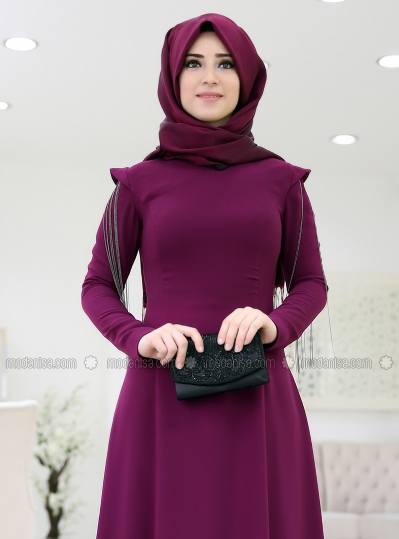 Purple - Fully Lined - Crew neck - Muslim Evening Dress