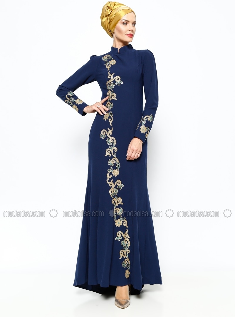 Embroidered Evening Dress - Navy Blue - Azra Ozer