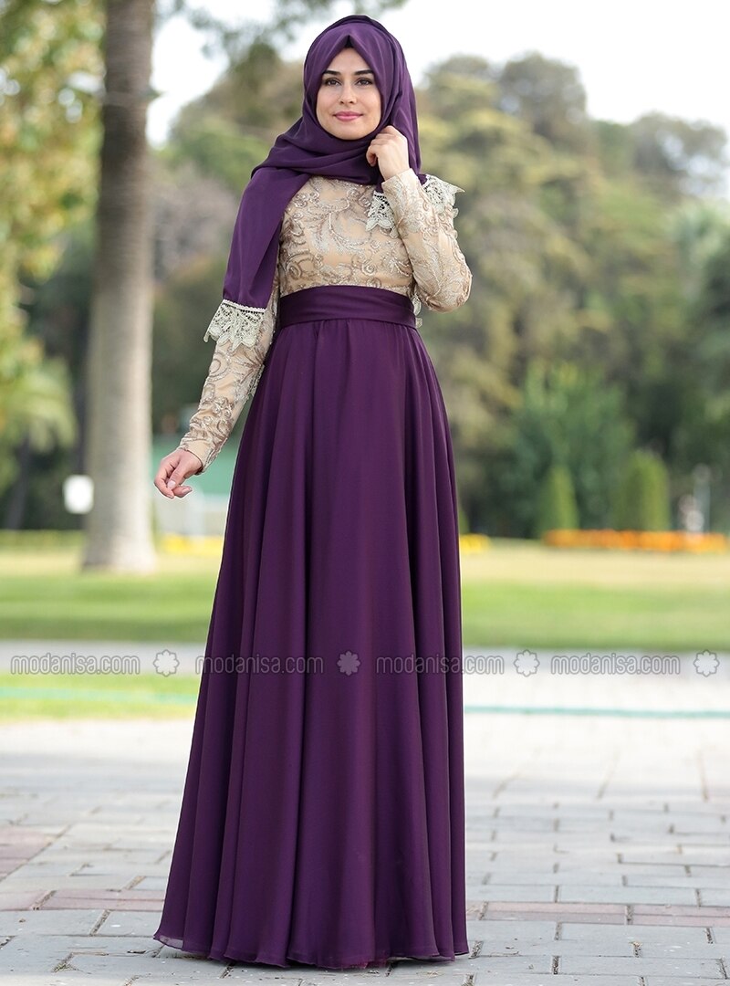Crew neck - Fully Lined - Purple - Muslim Evening Dress