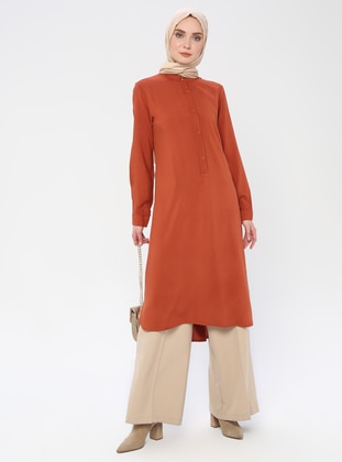 Tan - Button Collar - Viscose - Tunic - ZENANE