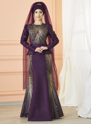 Purple - Fully Lined - Crew neck - Muslim Evening Dress - Mevra