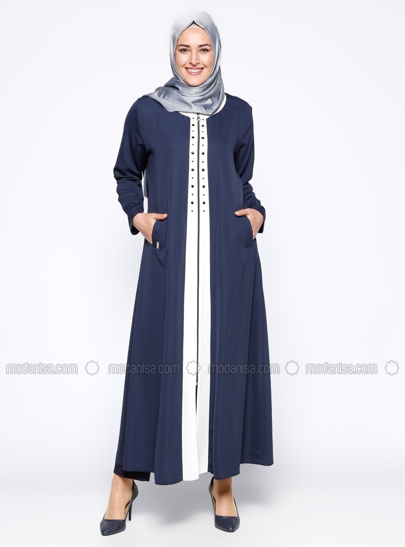 blue - beige - unlined - crew neck - plus size abaya - metex