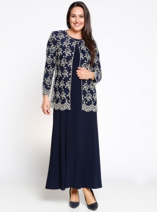 Silvery Lace Jacket & Hijab Evening Dress Co-Ord Navy Blue