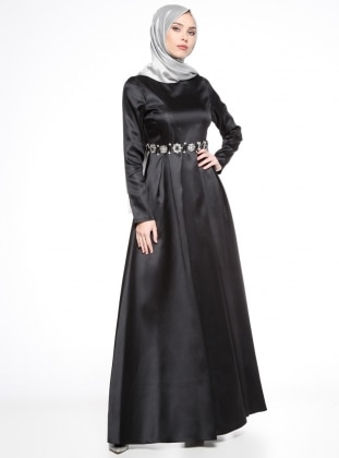 Black - Fully Lined - Crew neck - Muslim Evening Dress - Puane