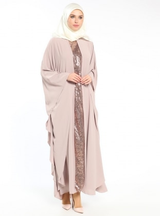Sequined Abaya Dress Beige Gold Color