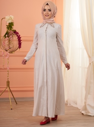 Beige - Point Collar - Fully Lined - Dress - Mevra