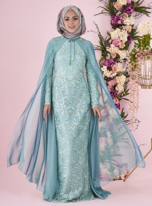 Mint - Fully Lined - Crew neck - Muslim Evening Dress - Minel Ask