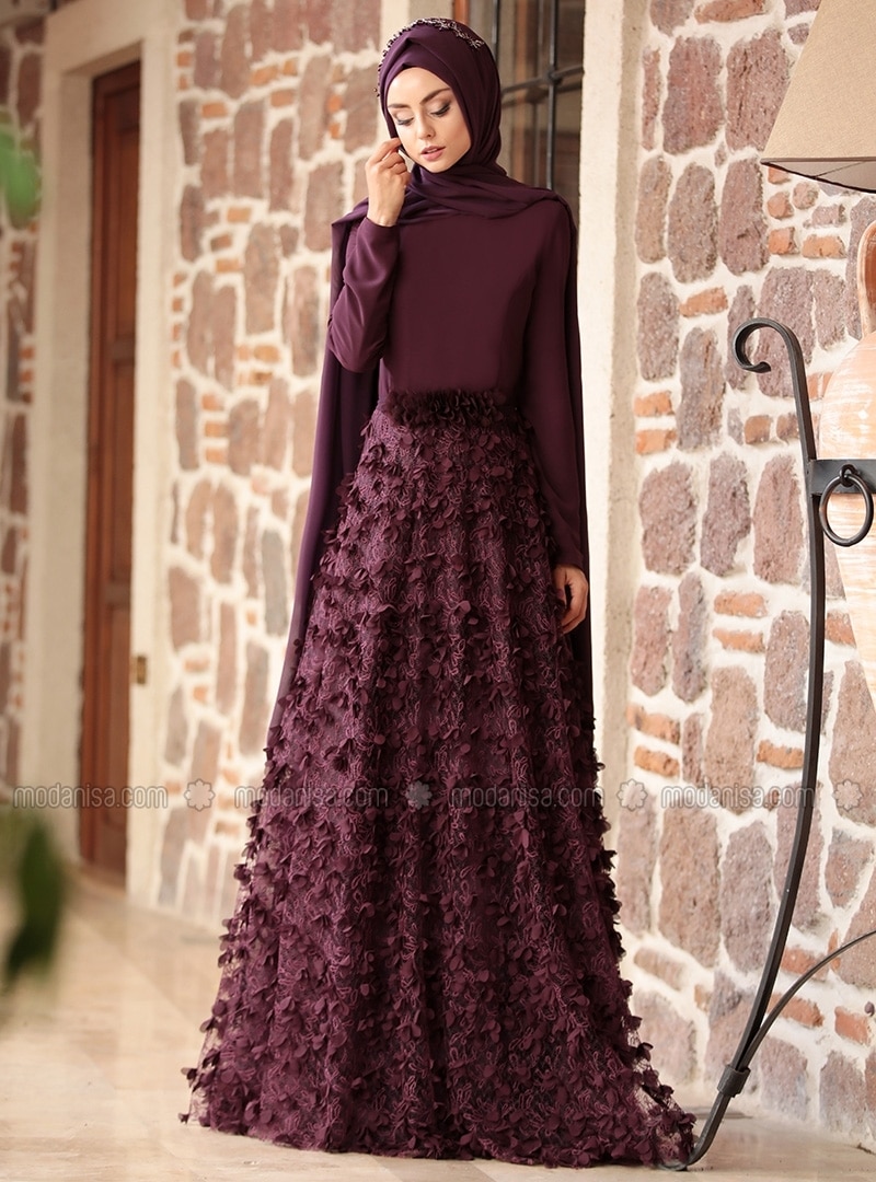 Purple - Fully Lined - Crew neck - Muslim Evening Dress 