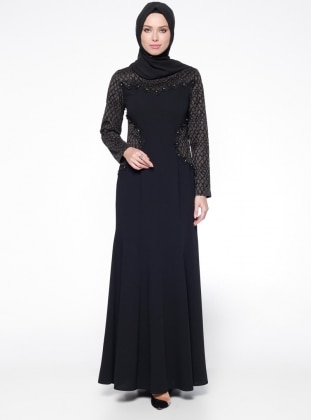 Black - Fully Lined - Crew neck - Muslim Evening Dress - Sevdem Abiye