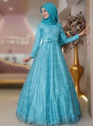 Blue - Fully Lined - Crew neck - Muslim Evening Dress - Gamze Özkul