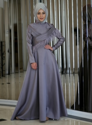 Gray - Fully Lined - Crew neck - Muslim Evening Dress - Minel Ask