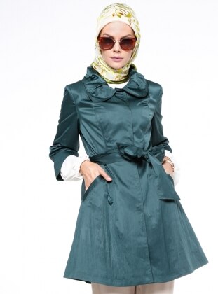 Green - Fully Lined - Round Collar - Trench Coat - Fashion Box London