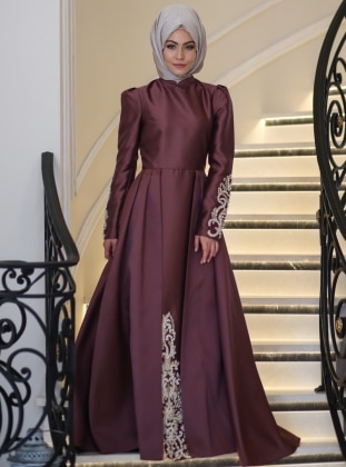 Brown - Fully Lined - Crew neck - Muslim Evening Dress - Minel Ask