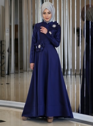 Navy Blue - Fully Lined - Crew neck - Muslim Evening Dress - Minel Ask