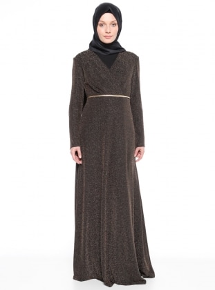 Black - Gold - Fully Lined - V neck Collar - Muslim Evening Dress - Sevdem Abiye