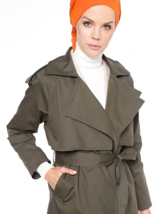 Shawl Collar - Fully Lined - Khaki - Trench Coat - Fashion Box London