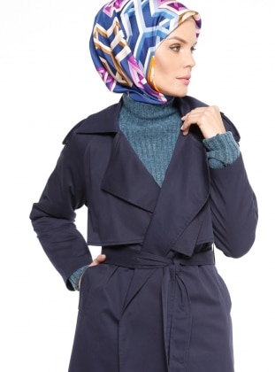 Navy Blue - Fully Lined - Shawl Collar - Trench Coat - Fashion Box London