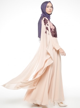 Purple - Beige - Fully Lined - Crew neck - Muslim Evening Dress - Sevdem Abiye