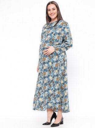 Navy Blue - Multi - Crew neck - Unlined - Maternity Dress - Neslihan