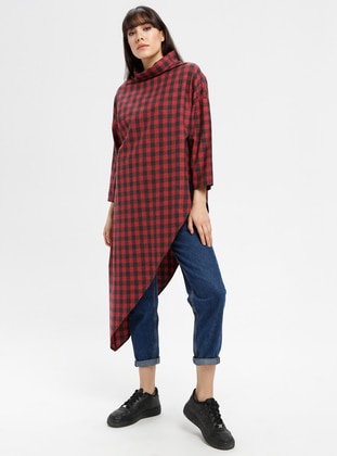 Red - Plaid - Point Collar - Tunic - Kuaybe Gider