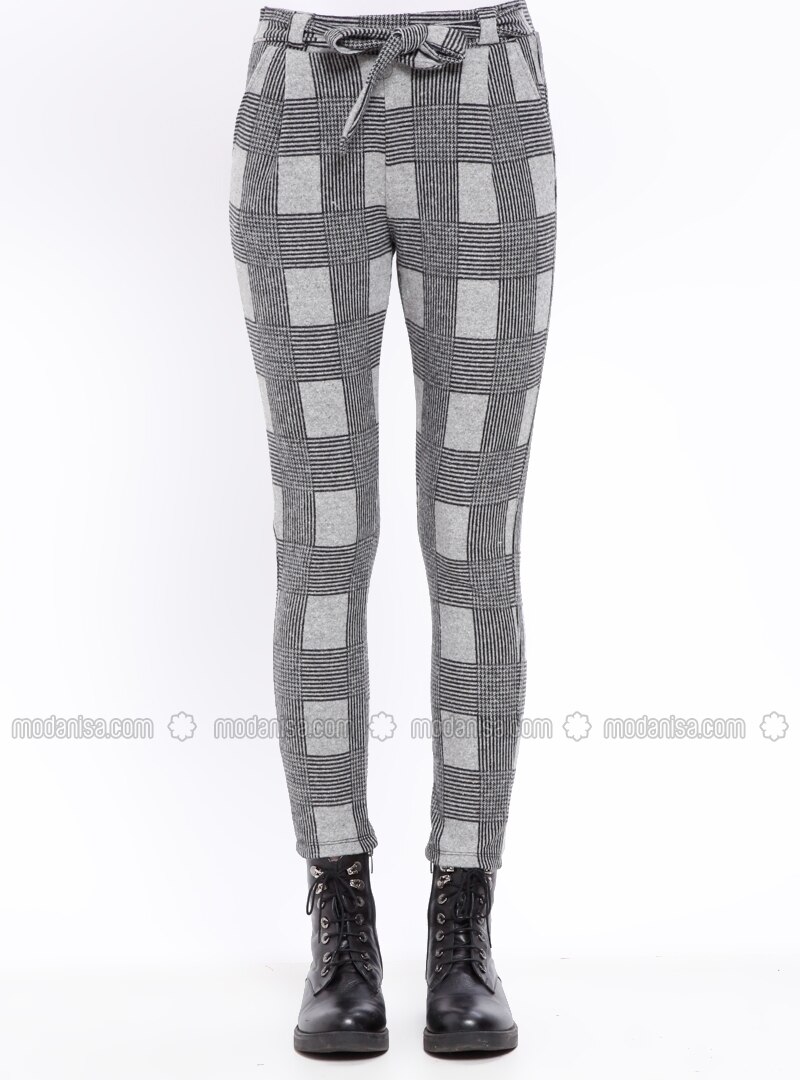 grey and black plaid pants