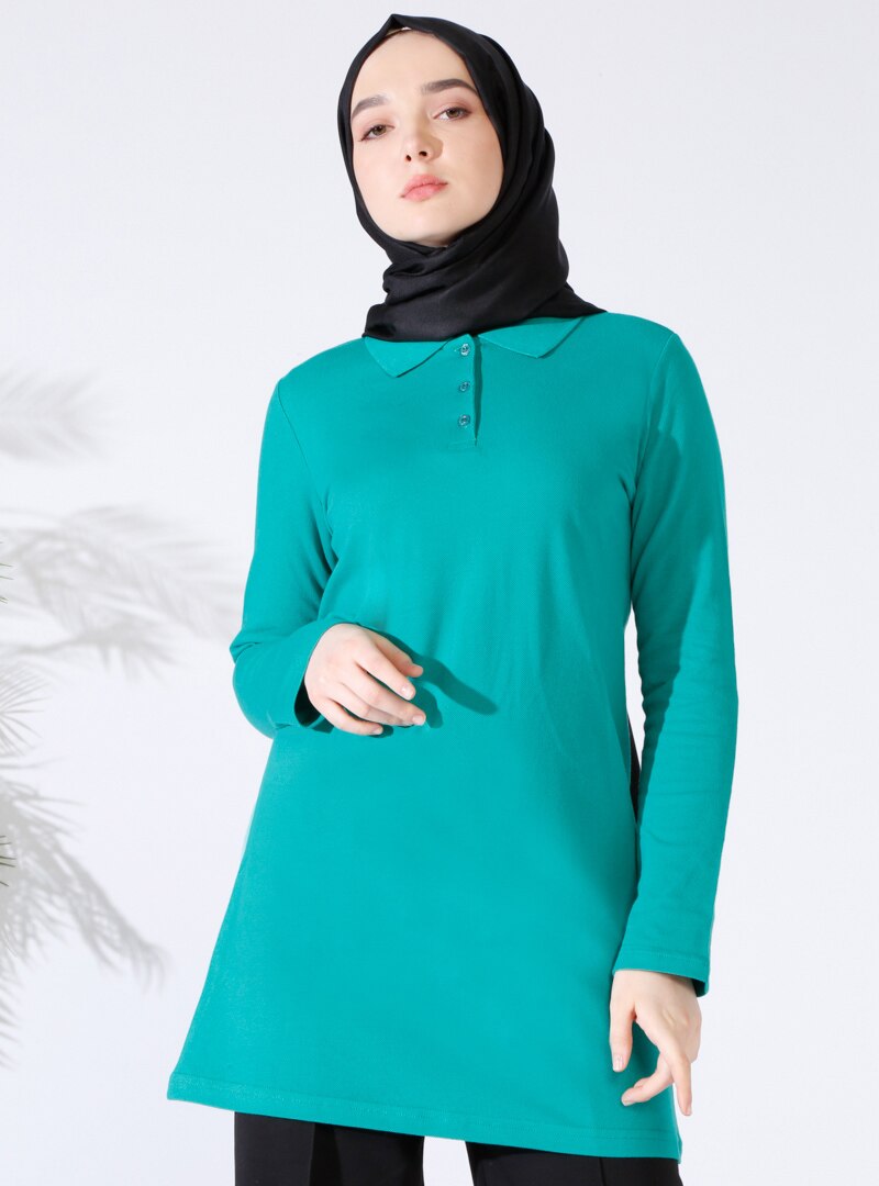 

Green - Point Collar - Cotton - Tunic - Everyday Basic