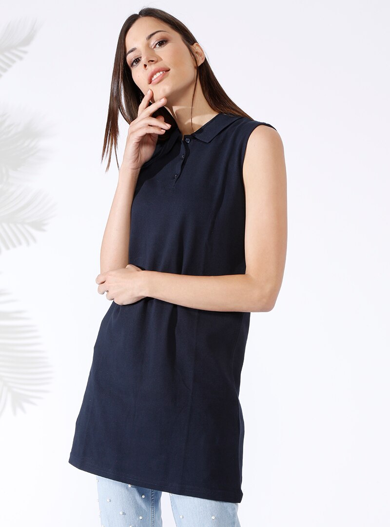 

Navy Blue - Point Collar - Cotton - Tunic - Everyday Basic