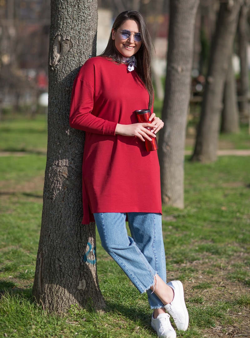 

Maroon - Crew neck - Plus Size Tunic - Alia, Claret red