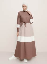Brown - Crew neck - Fully Lined - Dresses
