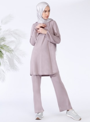 Doğal Kumaştan Tunik&Pantolon İkili Takım - Mor - Everyday Basic