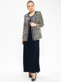 Lace Jacket & Hijab Evening Dress Co-Ord Navy Blue & Gold Color