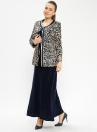 Lace Jacket & Hijab Evening Dress Co-Ord Navy Blue & Gold Color