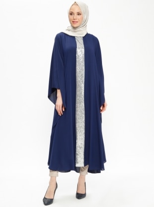 Navy Blue - Silver tone - Unlined - Crew neck - Abaya - Filizzade