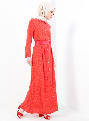 Doğal Kumaştan Puantiyeli Elbise - Kırmızı - Refka