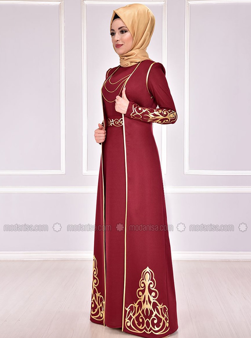 maroon with gold dress