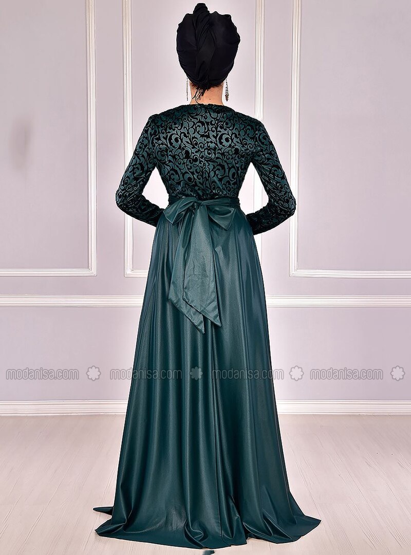 Green Fully Lined Crew Neck Muslim Evening Dress