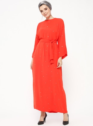 Coral - Crew neck - Unlined - Dresses - Tuncay