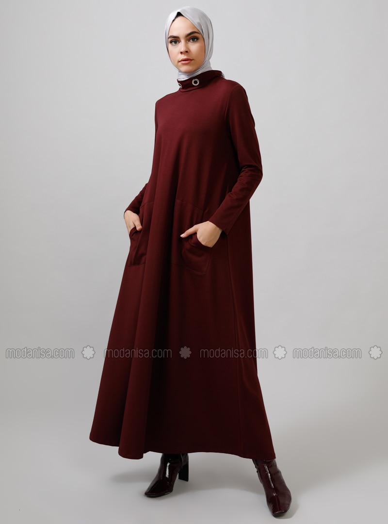 Maroon - Plum - Polo neck - Unlined - Dresses