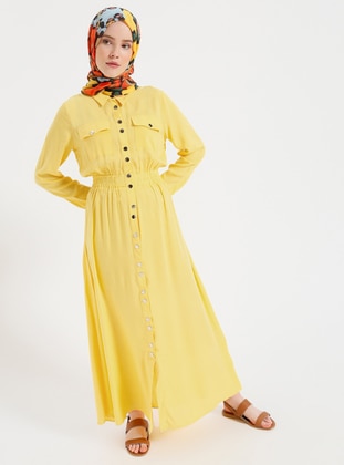 Doğal Kumaşlı Gömlek Elbise - Limon Sarısı - Benin