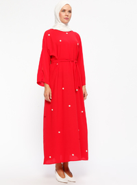 Belted Pearl Dress Red