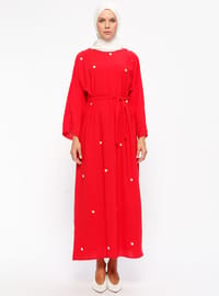 Belted Pearl Dress Red