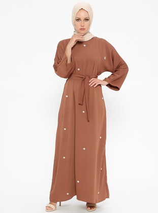 Brown - Crew neck - Unlined - Dresses - Tuncay