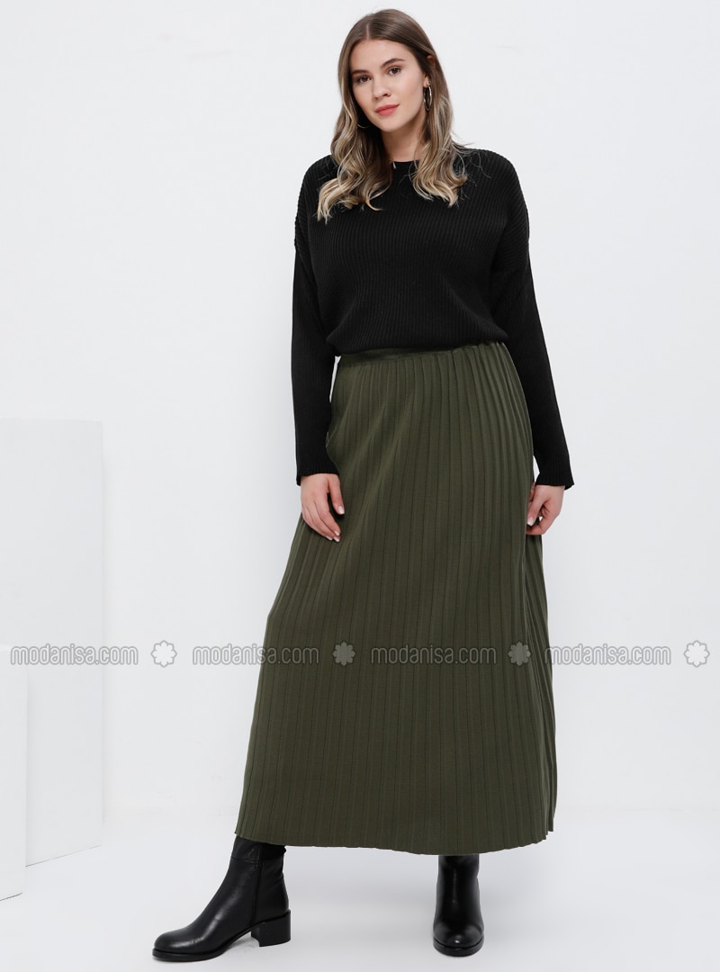 Khaki - Unlined - Acrylic - Plus Size Skirt