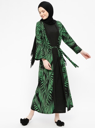 Kolsuz Elbise&Kap İkili Takım - Yeşil Siyah - Beha Tesettür