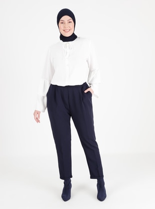 Elastic Waist Pipe Trousers Navy Blue