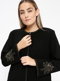 Embroidered Hidden Zipper Abaya Black