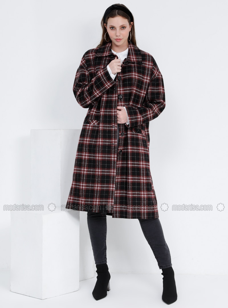 Maroon - Plaid - Fully Lined - Plus Size Overcoat