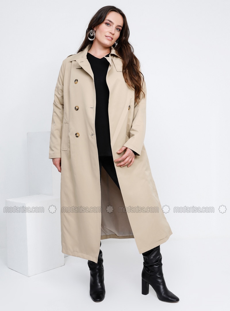 Beige - Fully Lined - Point Collar - Plus Size Trench coat