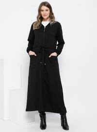 Siyah - Astarsız kumaş - Yuvarlak yakalı - Pamuk - Büyük palto